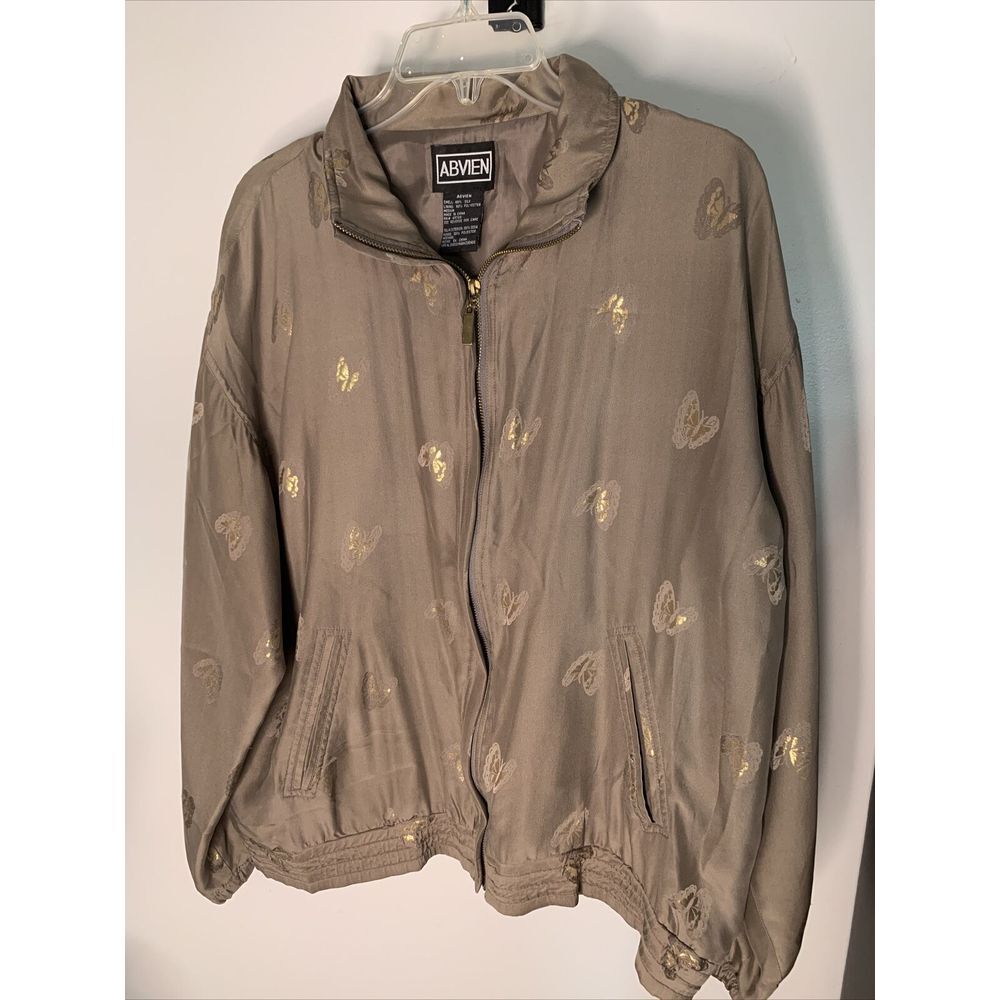 NWT Vintage ABVIEN Size M 100% Silk Gold butterfly Print‎ Zip Bomber Jacket